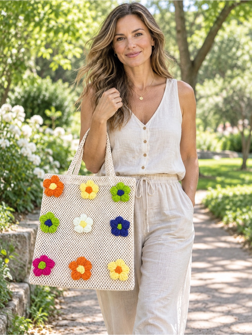 Boho Crochet Flower Tote Bag Cottagecore Market Beach Purse